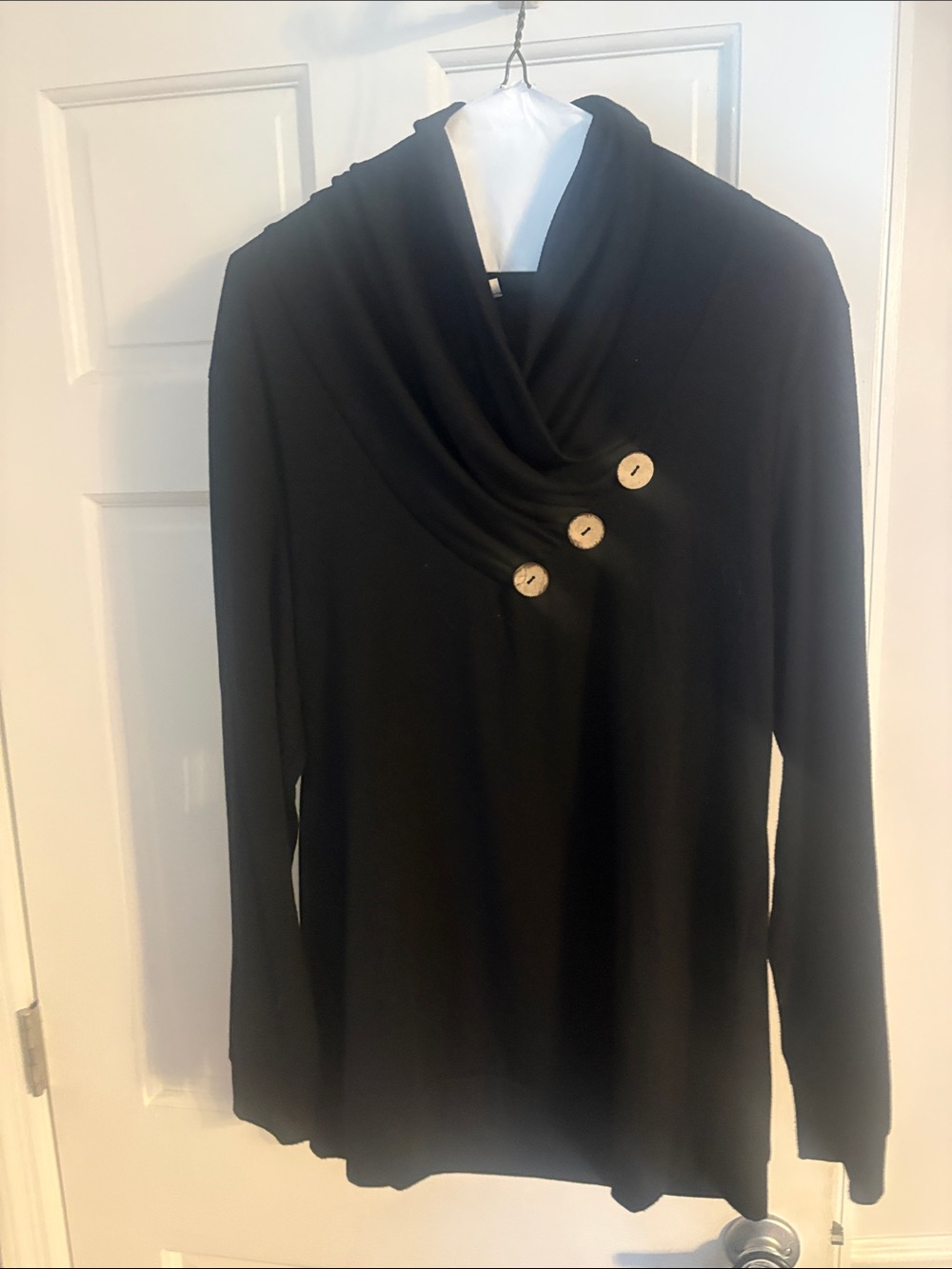 Black Draped Cowl Neck Top with Accent Buttons